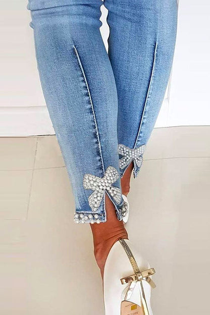 Rosiedress Bow Knot Pearl Beaded Pencil Denim Pants