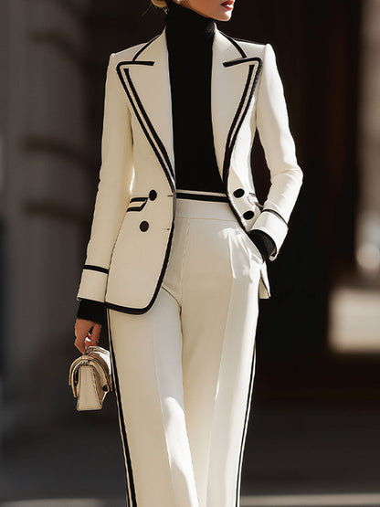 White Contrast - Trim Double - Breasted Suit Set