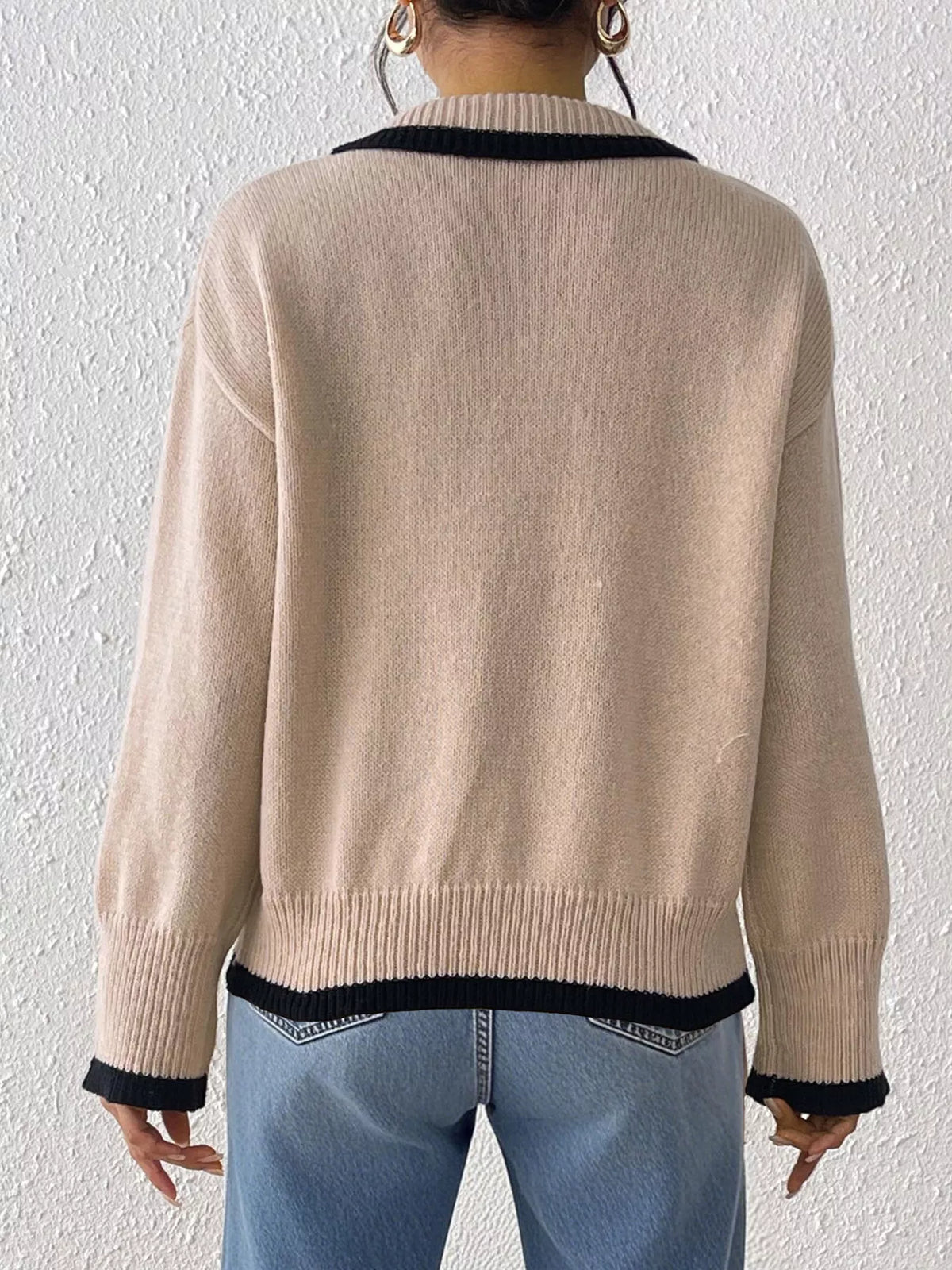 Flower Contrast Trim Dropped Shoulder Sweater