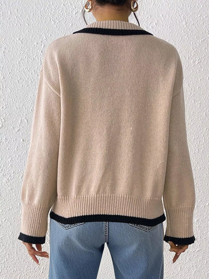 Flower Contrast Trim Dropped Shoulder Sweater