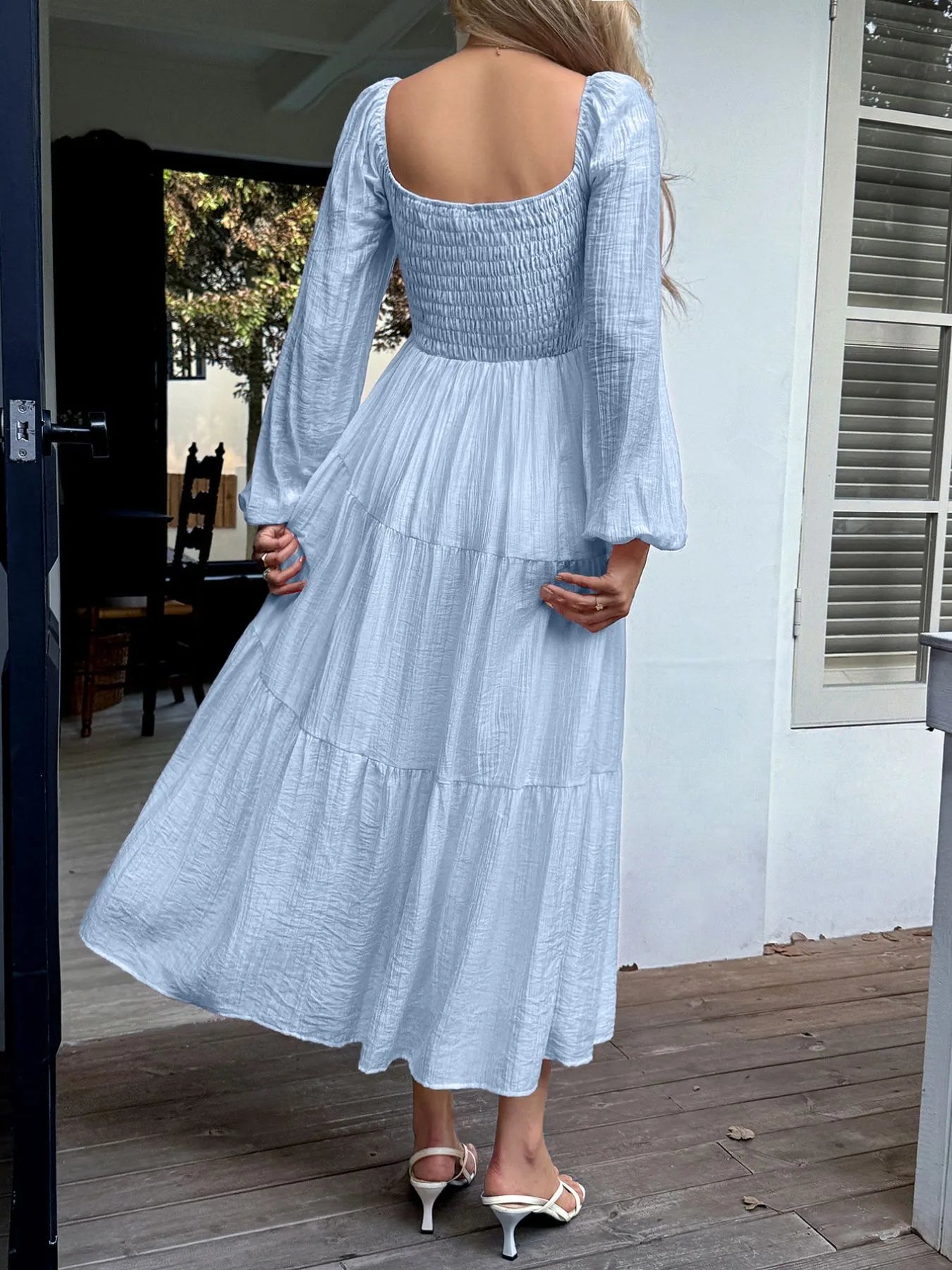 Tiered Balloon Sleeve Midi Dress