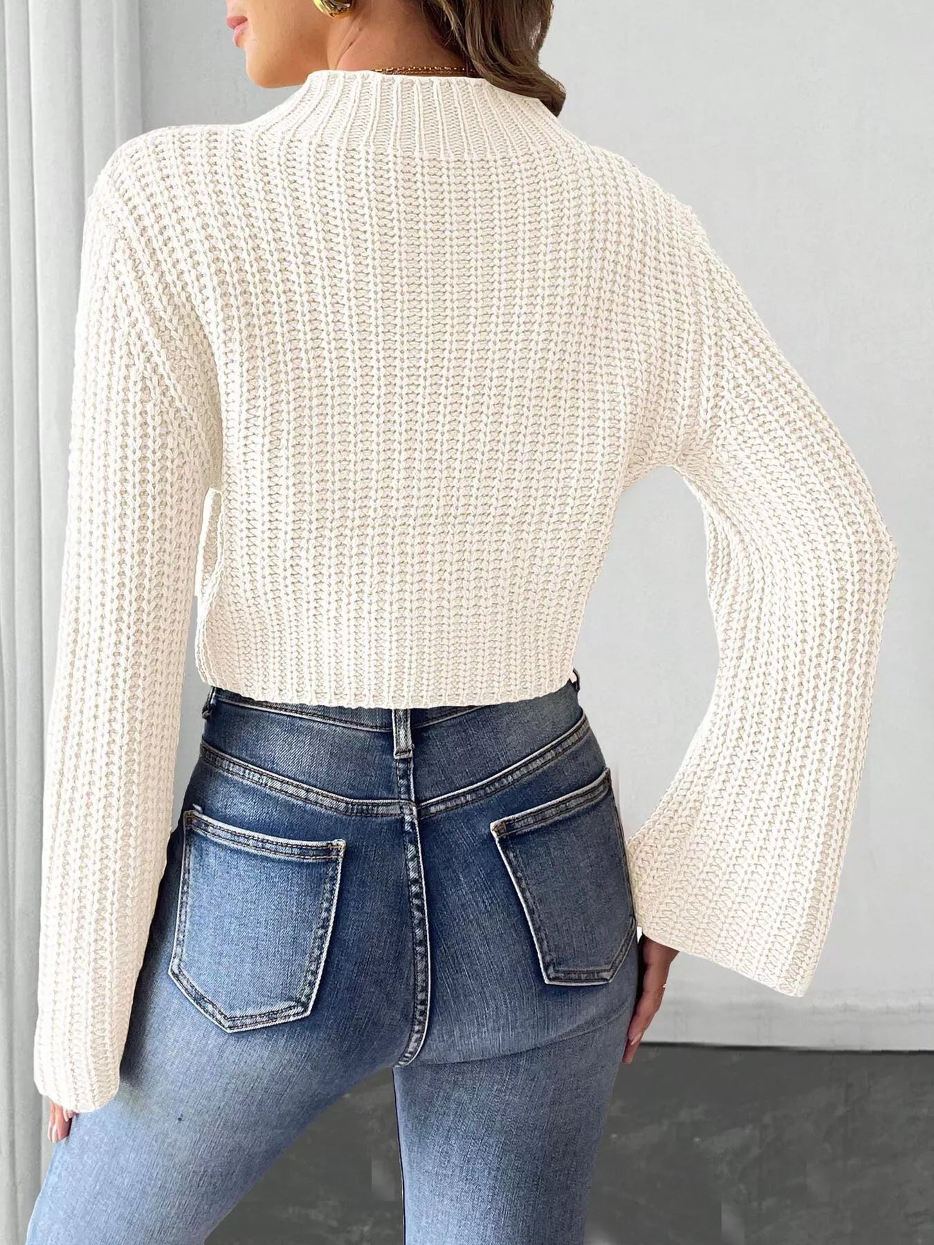 Bow-Decorated Mock Neck Cropped Sweater