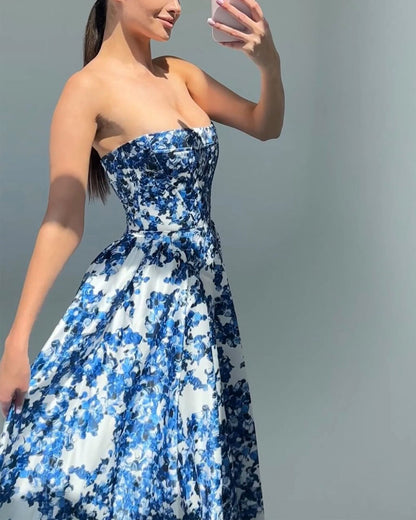 Elegant Strapless Printed String Dress