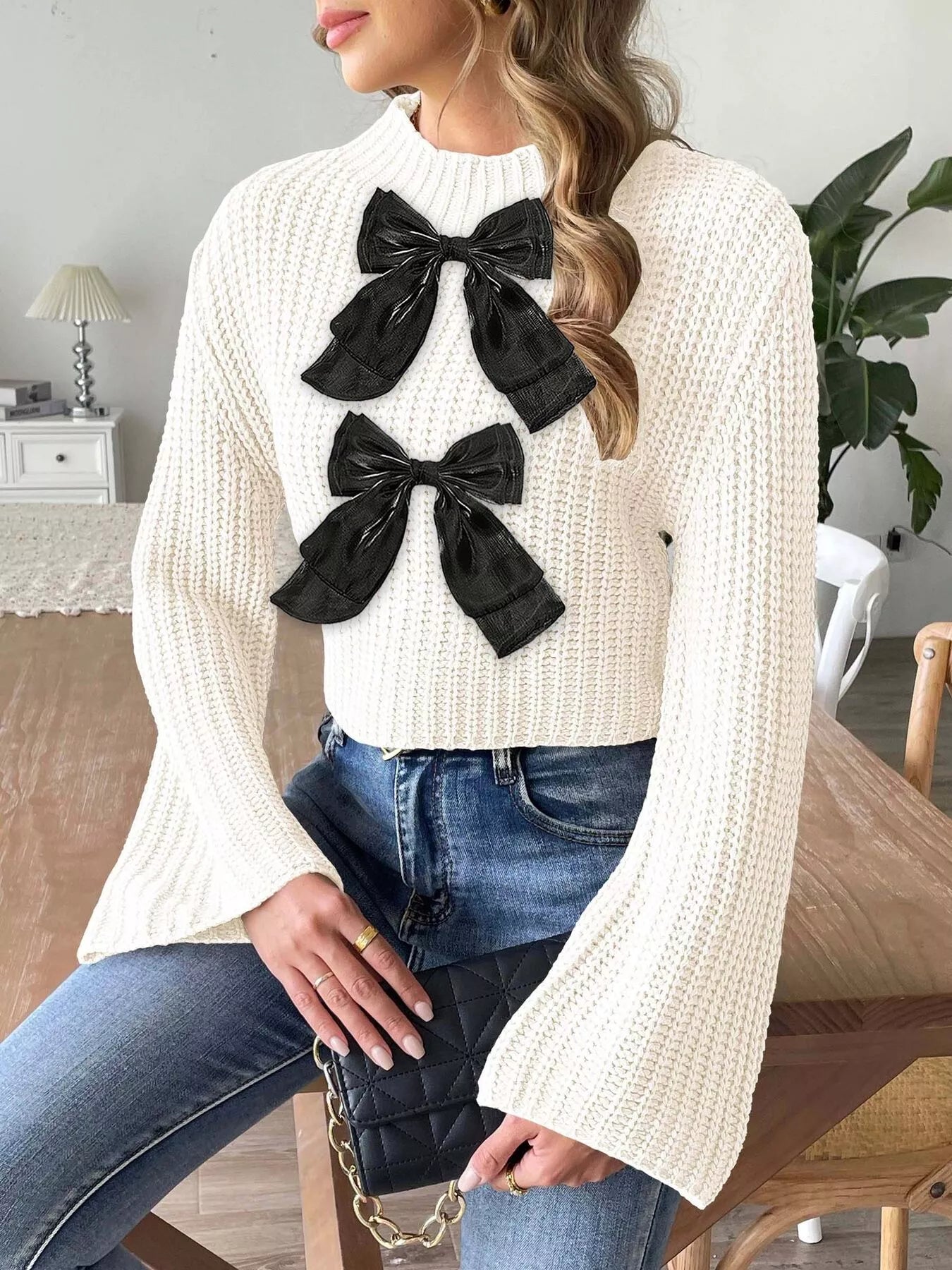 Bow-Decorated Mock Neck Cropped Sweater