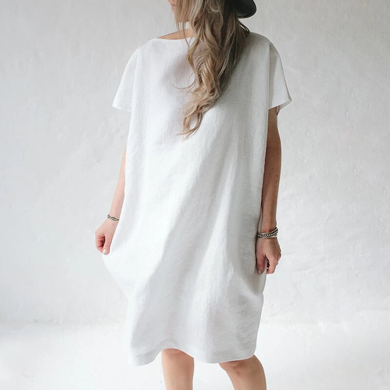 Casual Cocoon Round Neck short-sleeved solid Color Dress