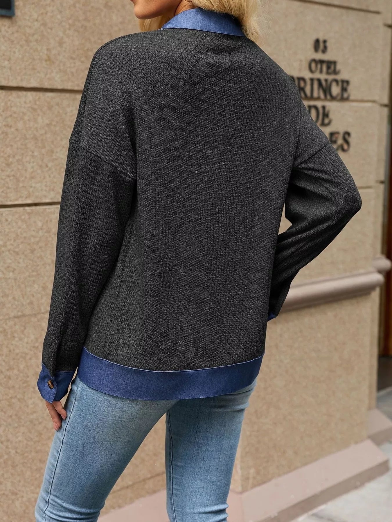 Contrast Denim Collar Zip Up Outerwear