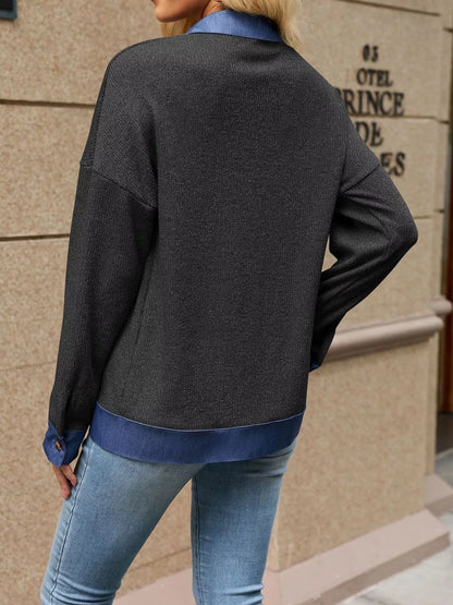 Contrast Denim Collar Zip Up Outerwear