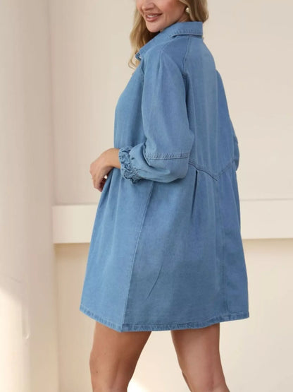 Classic Button-Down Long Sleeve Denim Shirt Dress