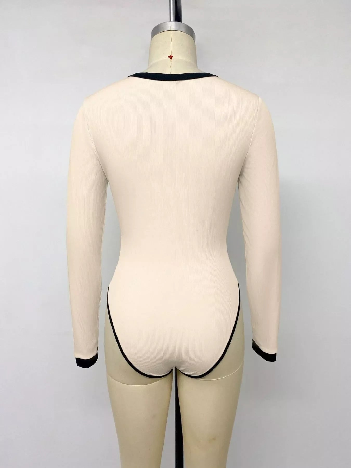Ribbed V-Neck Long Sleeve Bodysuit with Contrast Trim