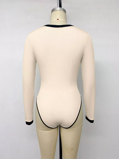 Ribbed V-Neck Long Sleeve Bodysuit with Contrast Trim