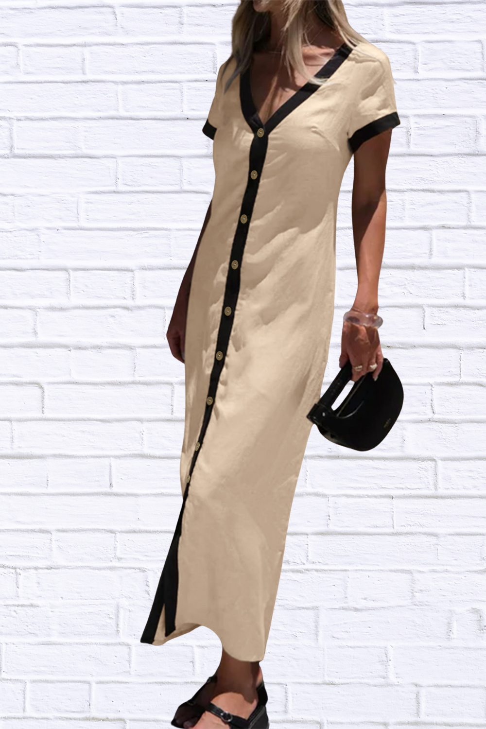 Button-Front Contrast Trim Midi Dress