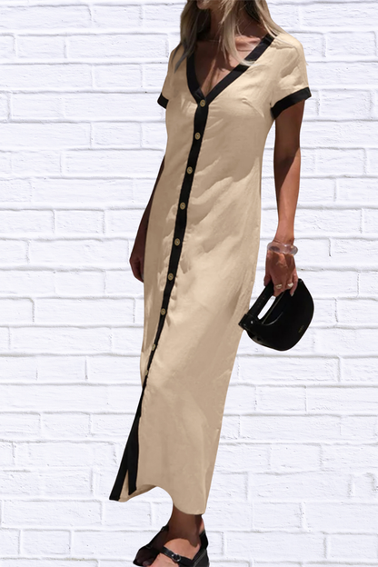 Button-Front Contrast Trim Midi Dress