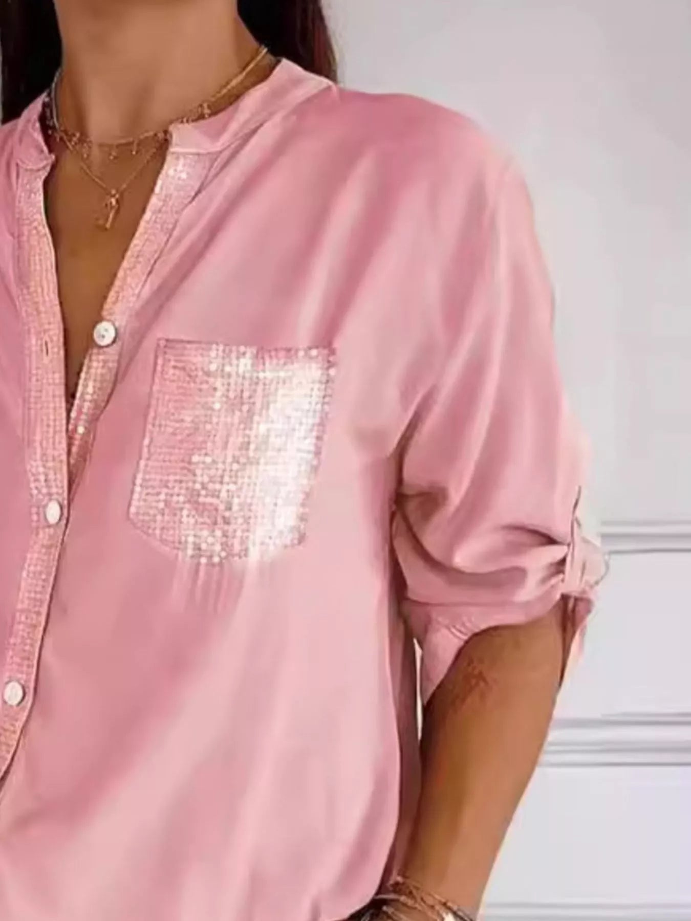 Full Size Sequin Detail Button-Down Shirt Plus Size
