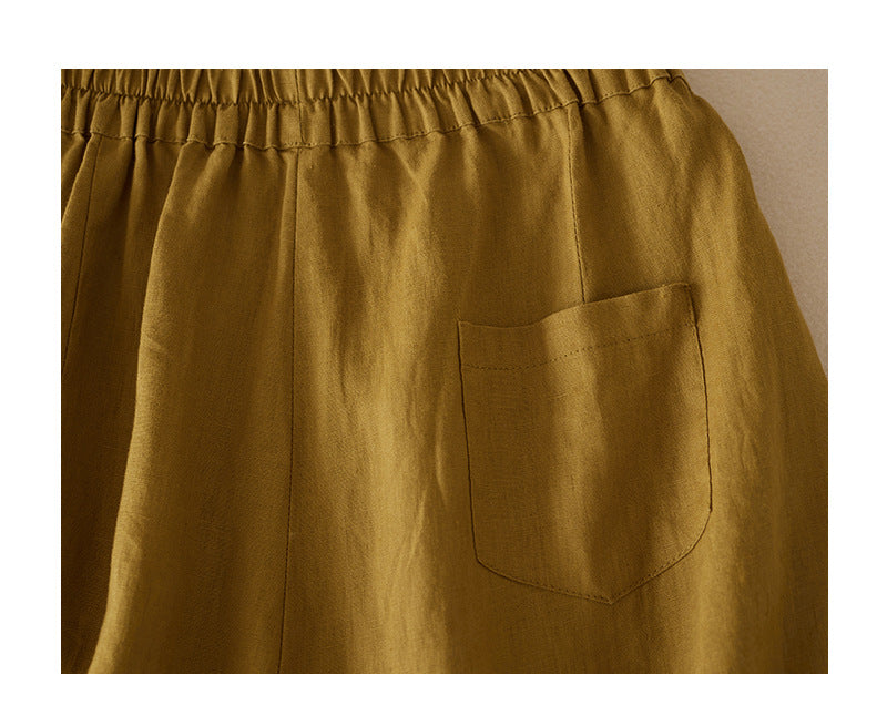 Elastic waist wide-leg cotton and linen cropped pants