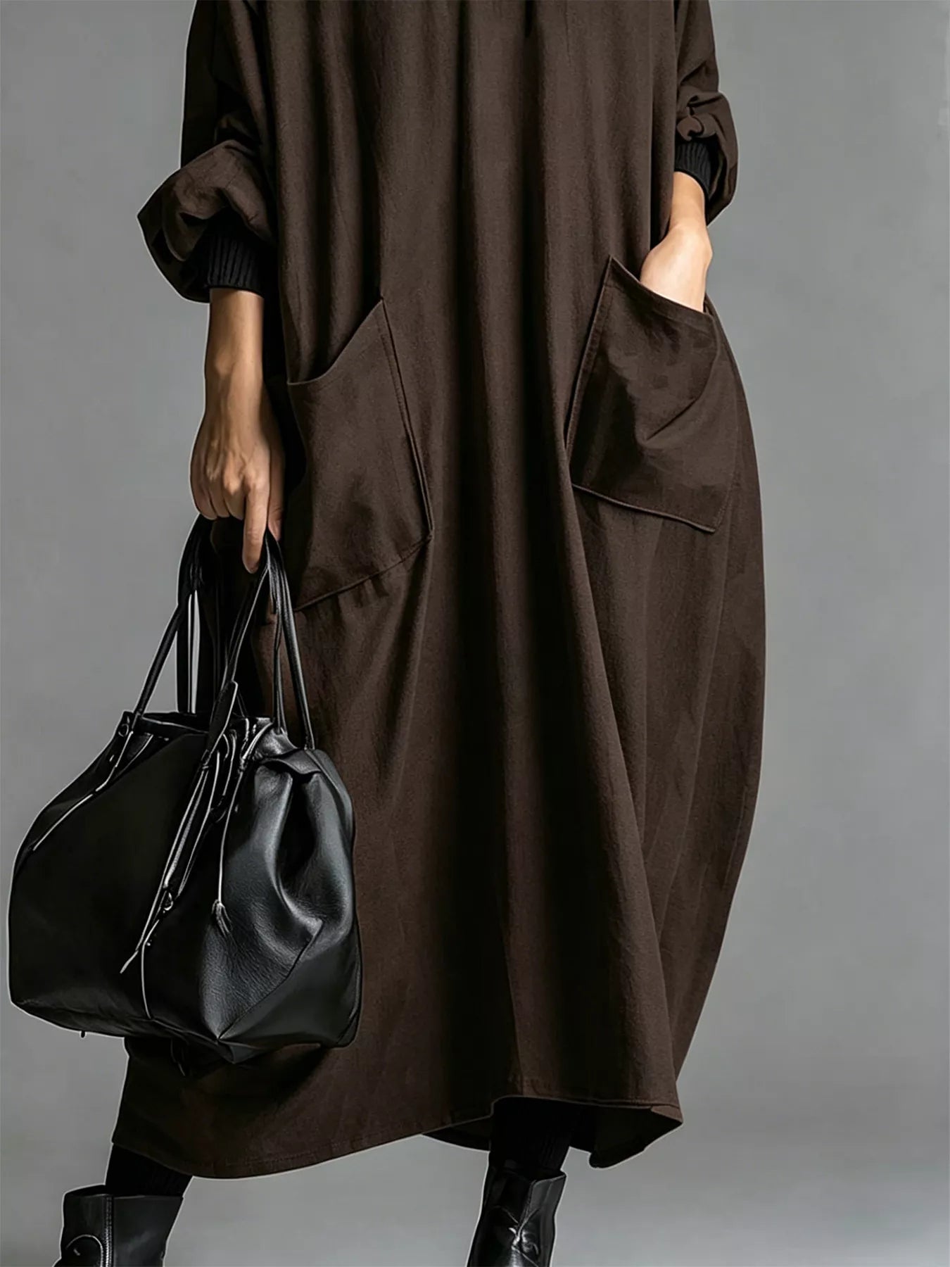 Full Size Loose-Fit Mock Neck Midi Dress with Pockets Plus Size