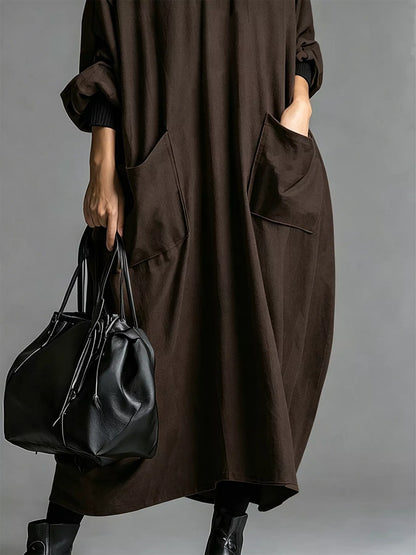 Full Size Loose-Fit Mock Neck Midi Dress with Pockets Plus Size