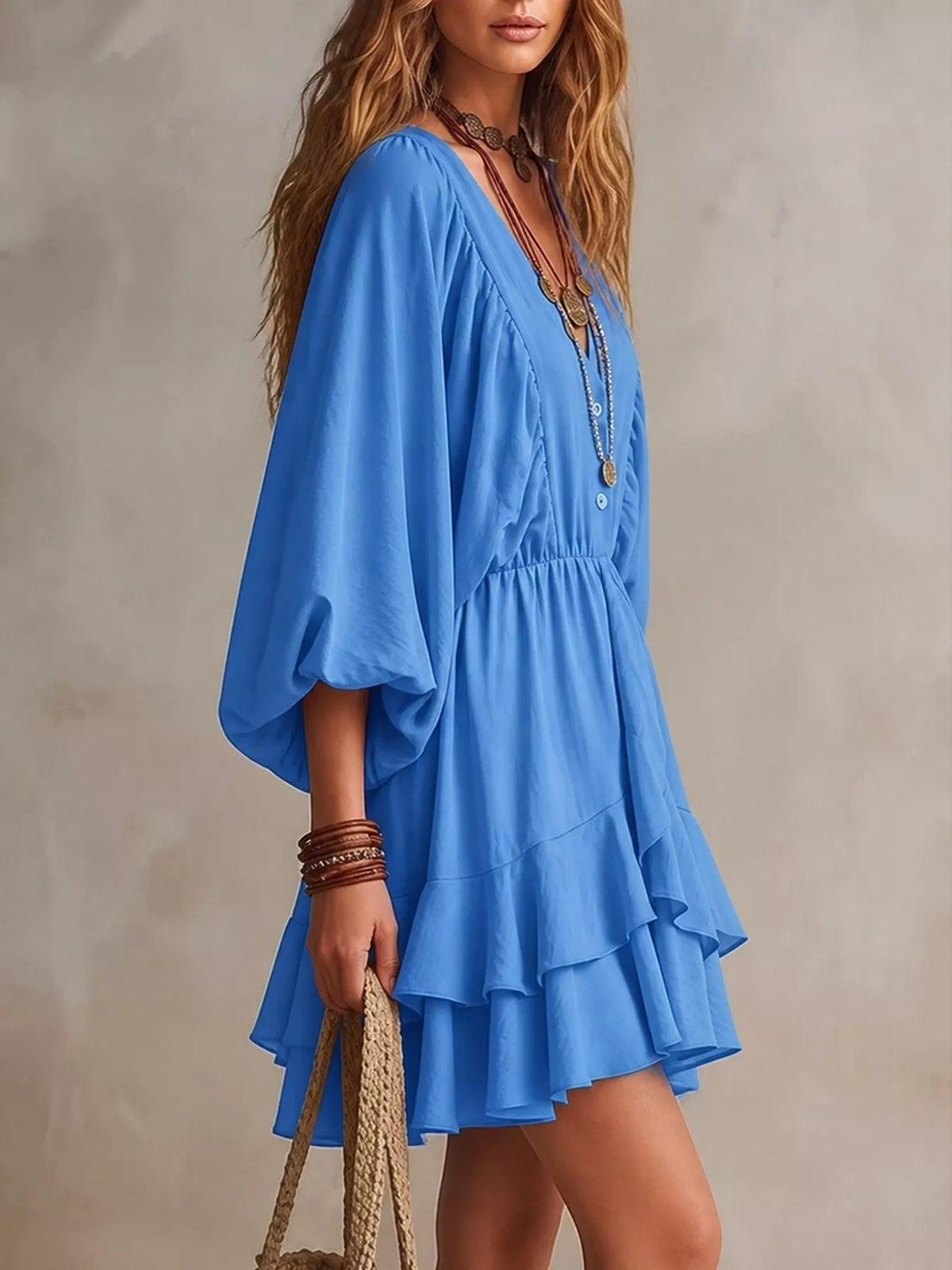 Ruffled Balloon Sleeve Mini Dress