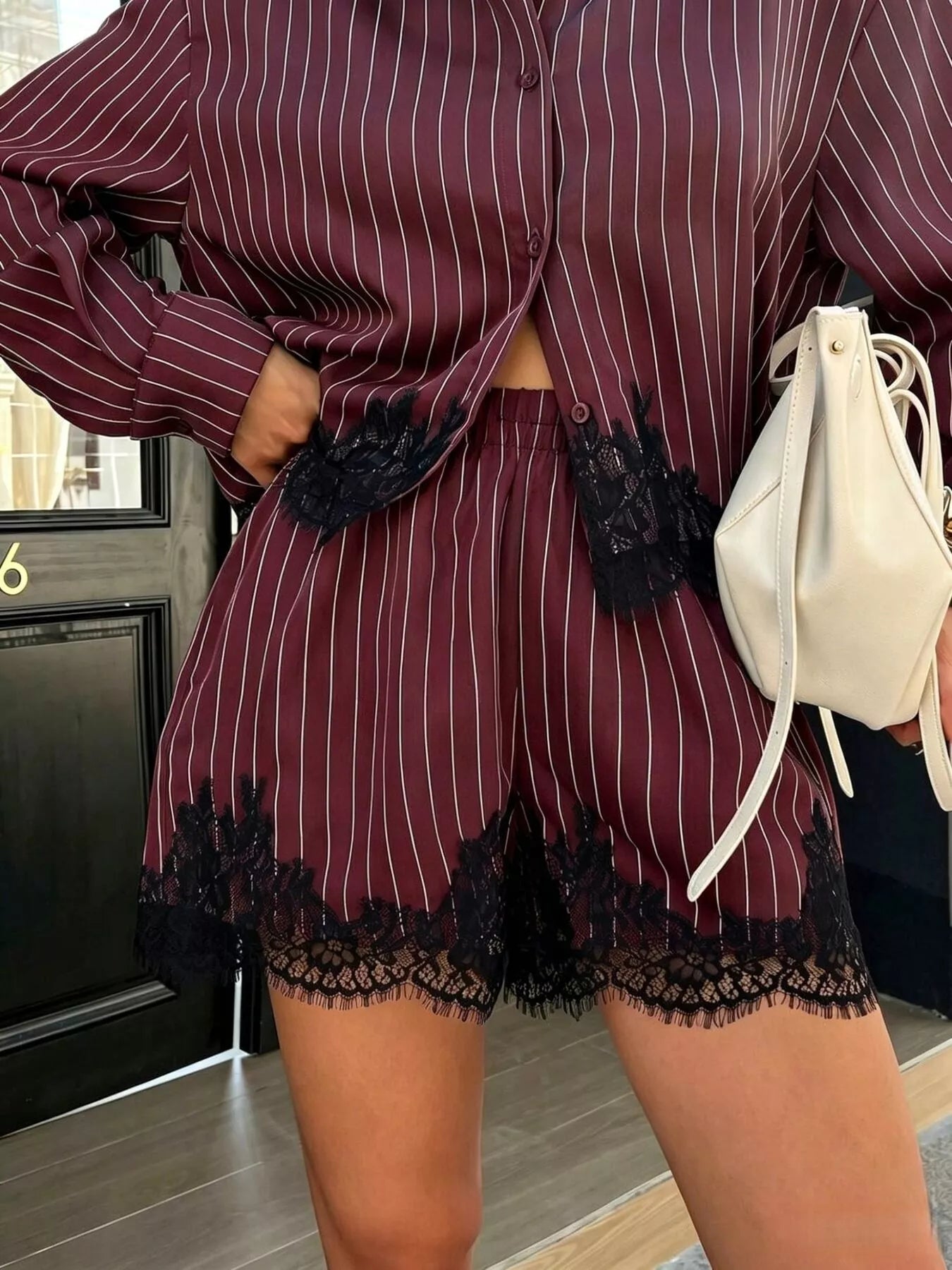 Lace Trim Striped Button-Down Shirt and Shorts Set