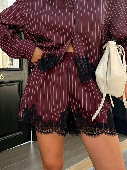 Lace Trim Striped Button-Down Shirt and Shorts Set