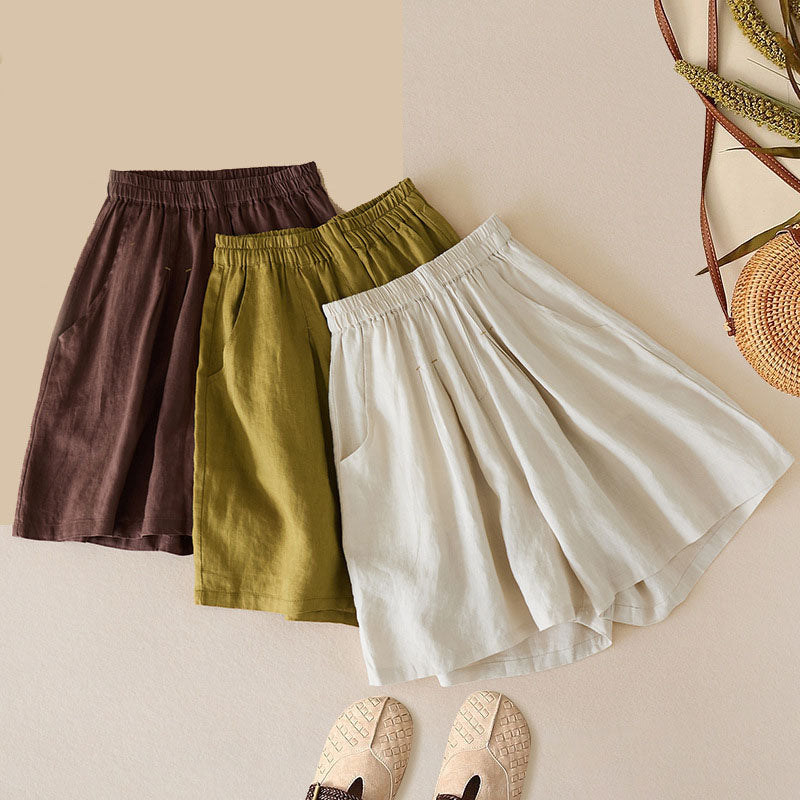 Elastic waist wide-leg cotton and linen cropped pants