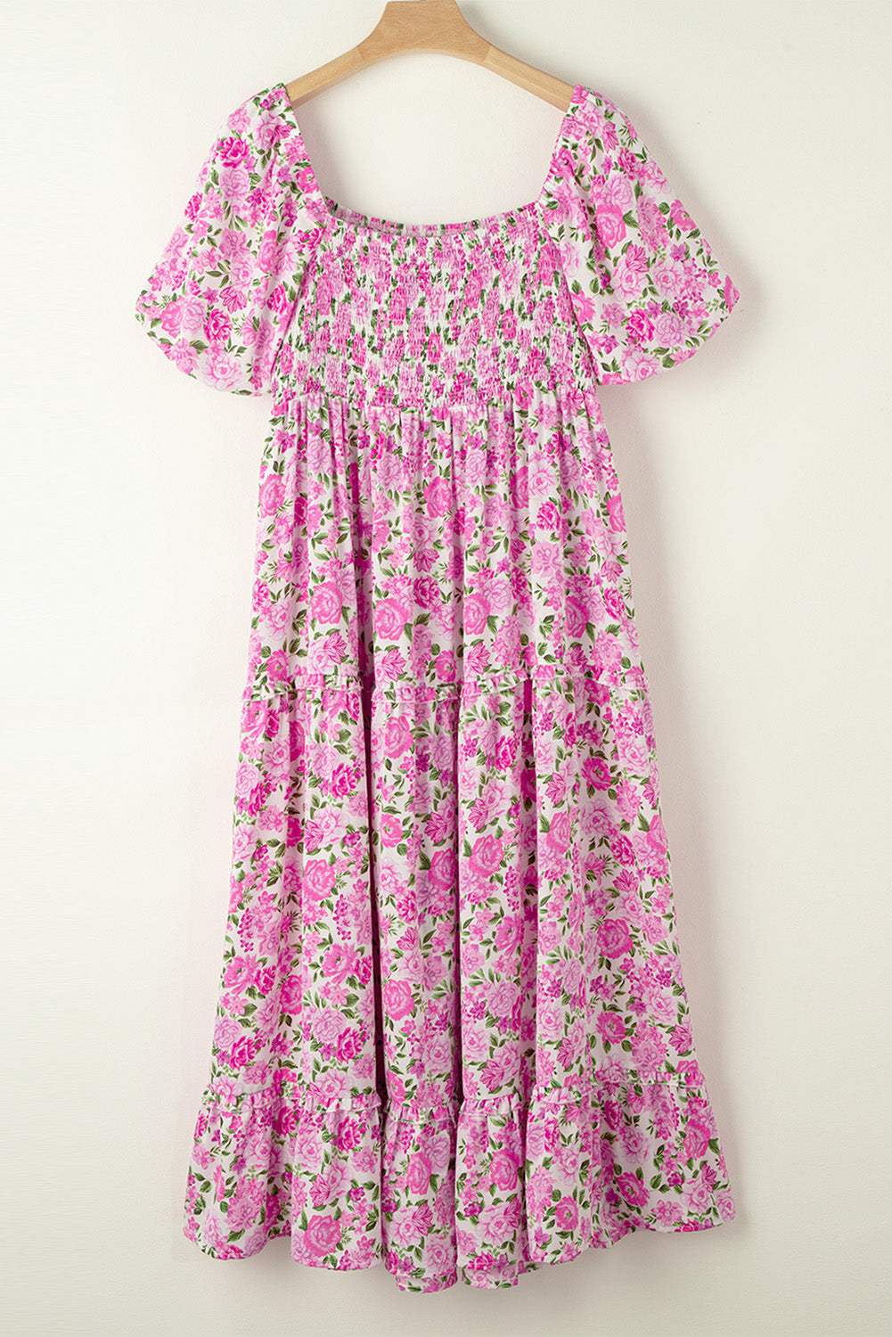 Blue Zone Planet | Pink Plus Size Floral Print Smocked Puff Sleeve Dress