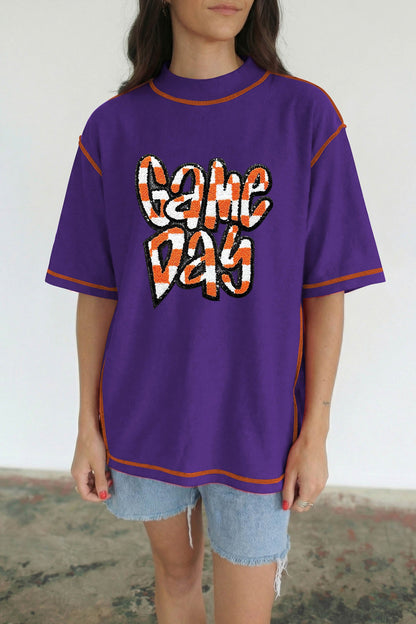 Tillandsia Purple Contrast Seam Detail Checkered Game Day Chenille Graphic Tee