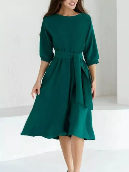 Elegant Belted Waist Midi Dress