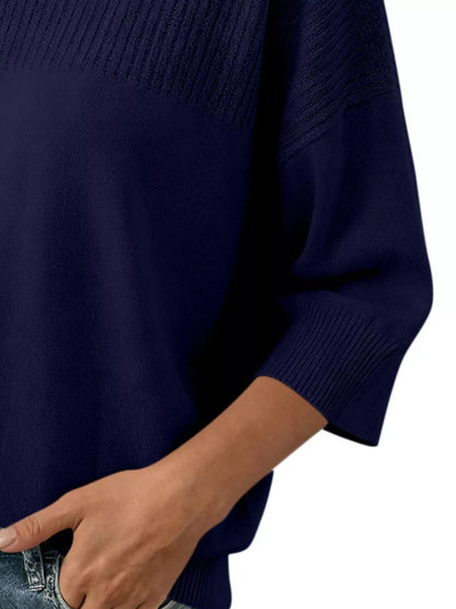 Elegant Crew Neck Eyelet Ribbed Sweater