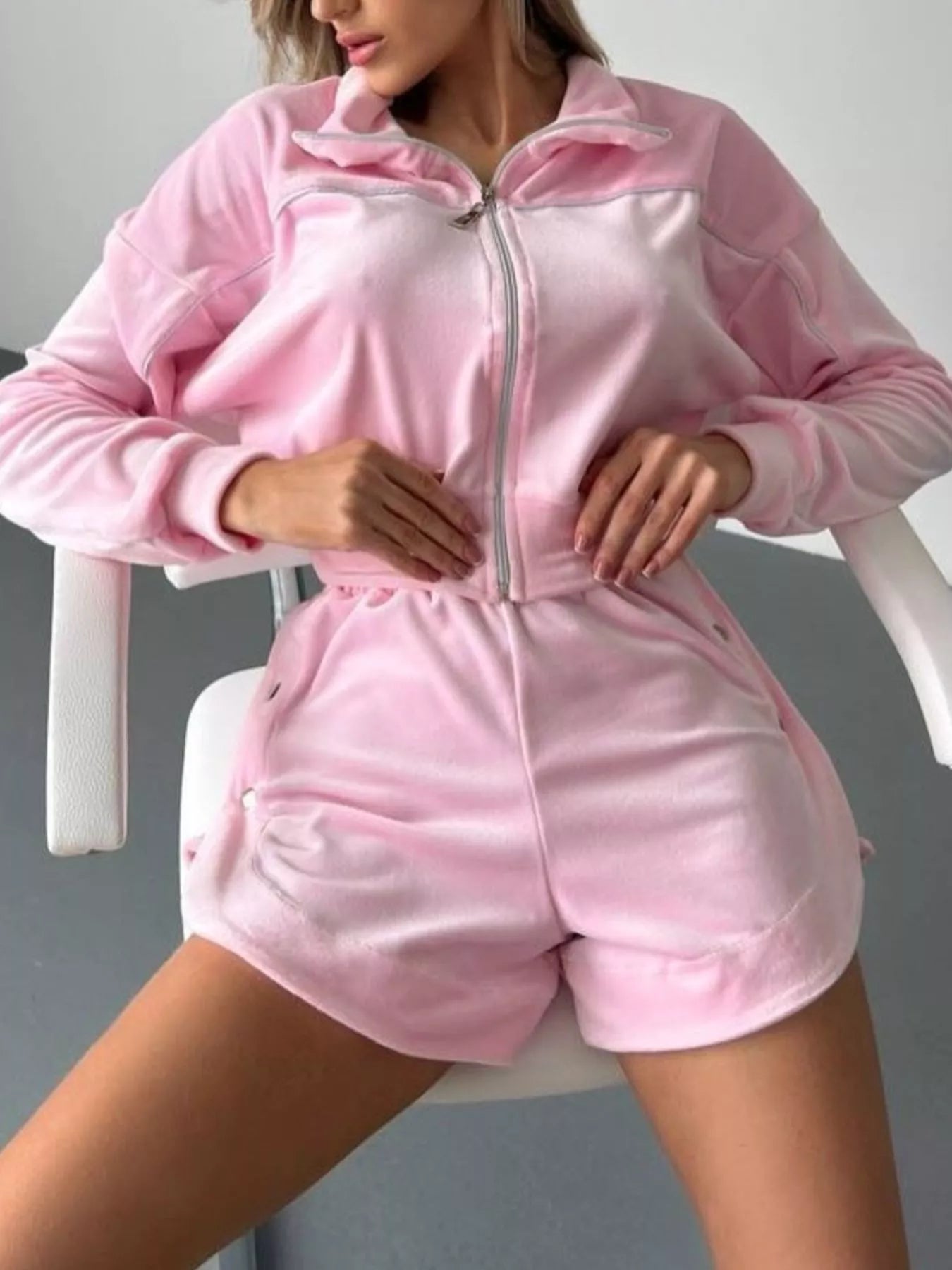 Zip-Up Outerwear and Shorts Set