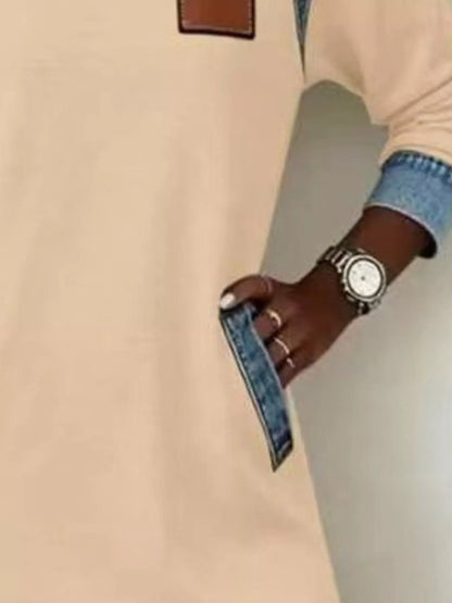 Full Size Denim Patchwork Hooded Sweatshirt Dress Plus Size