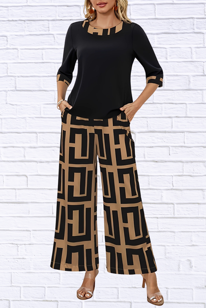 Geometric Print Round Neck Top and Pants Two-Piece Set