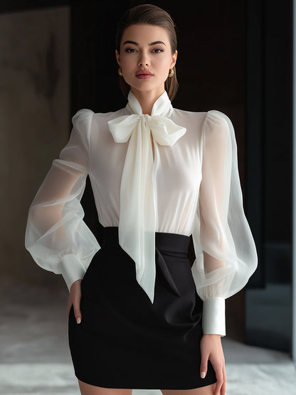 Sheer Bow-Tie Blouse & High-Waist Pencil Skirt Two-Piece Set