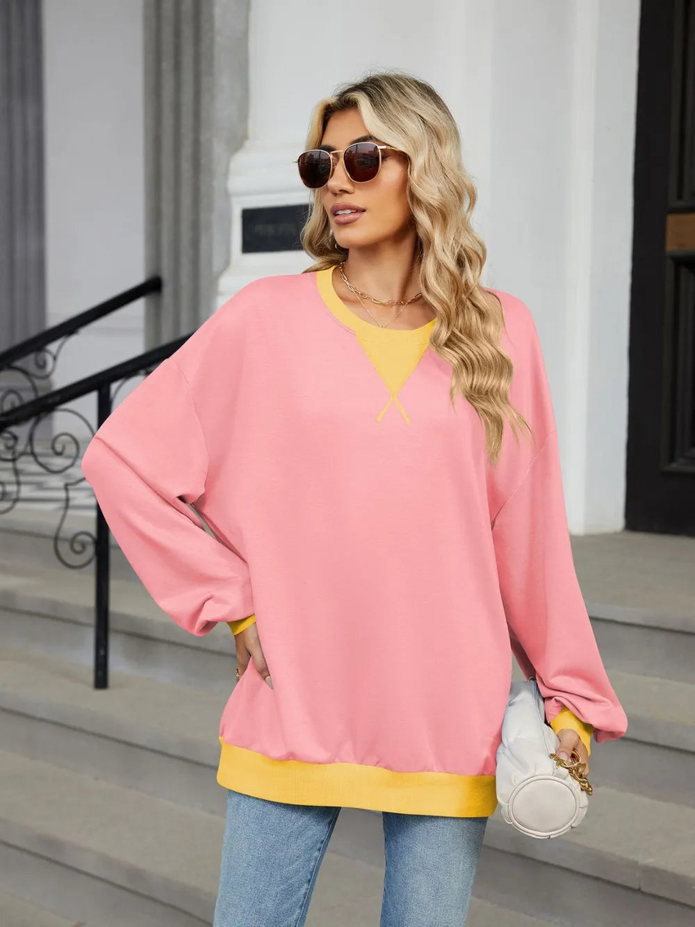 Contrast Round Neck Long Sleeve Sweatshirt