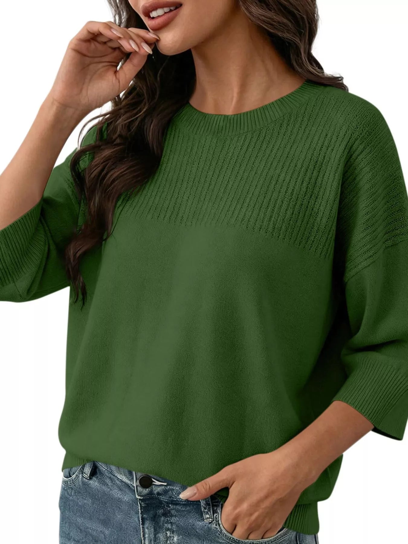 Elegant Crew Neck Eyelet Ribbed Sweater