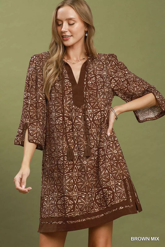 Umgee Mix Geometric Print V-Neck Tassel Detail Tunic Dress