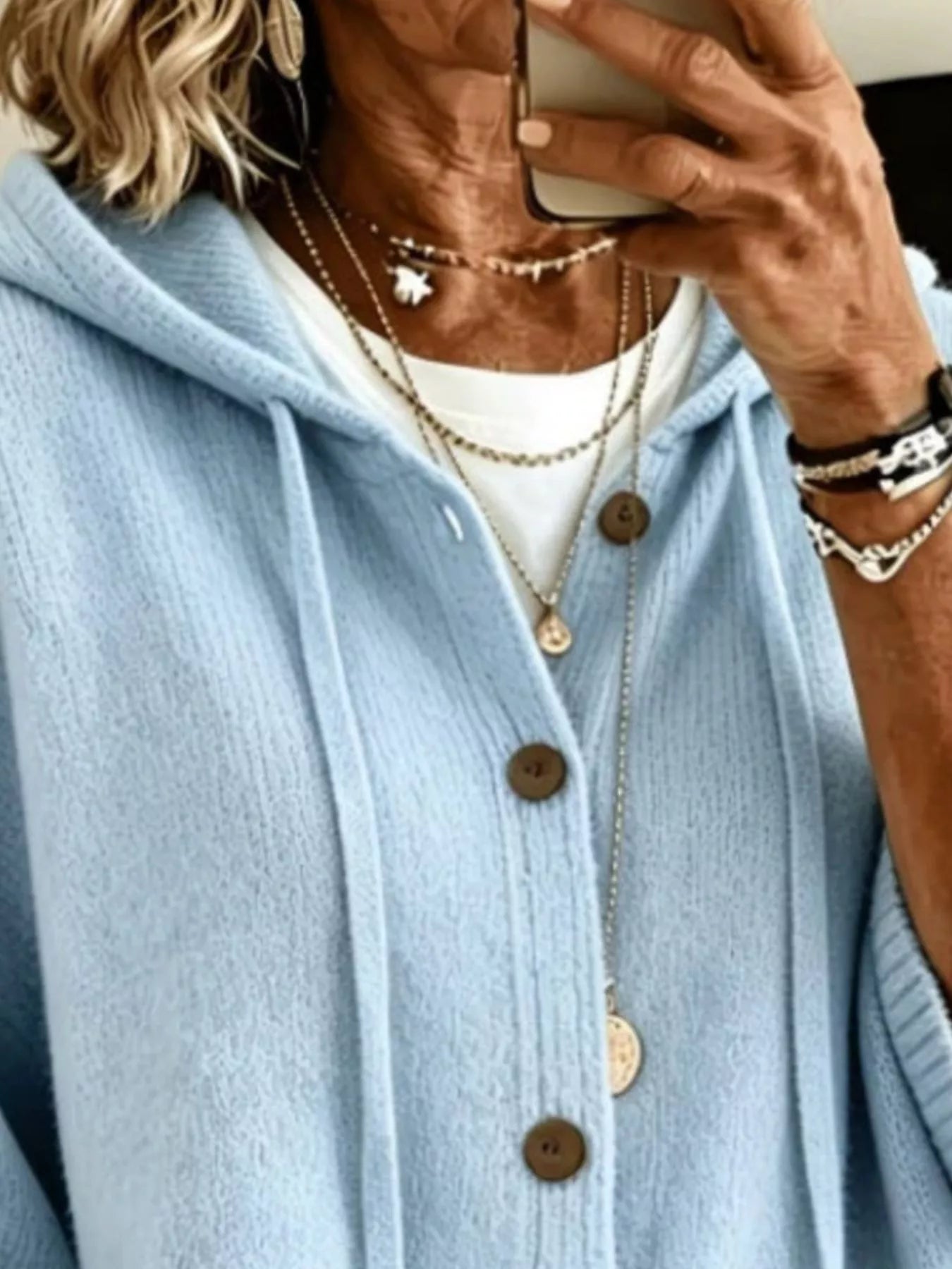 Full Size Casual Hooded Button-Down Knit Cardigan with Pockets Plus Size
