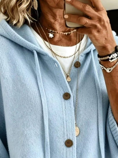 Full Size Casual Hooded Button-Down Knit Cardigan with Pockets Plus Size