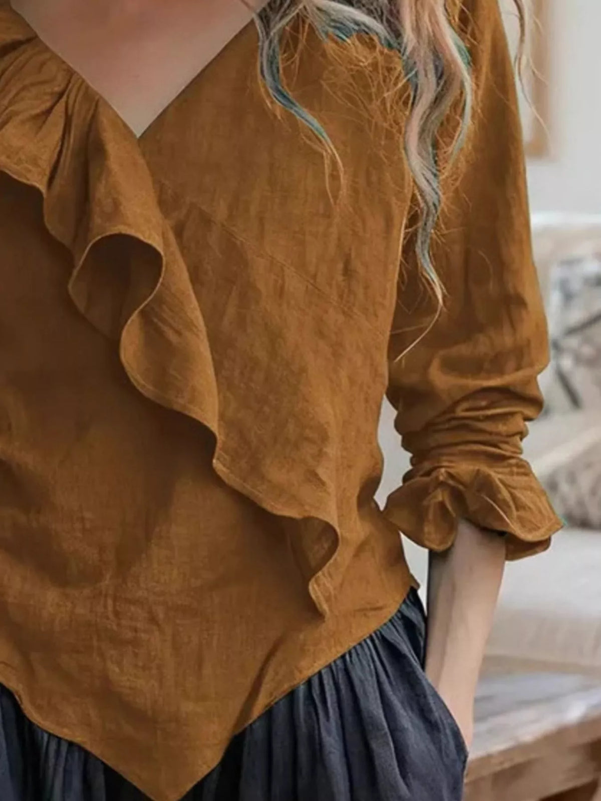 V-Neck Ruffled Long Sleeve Blouse