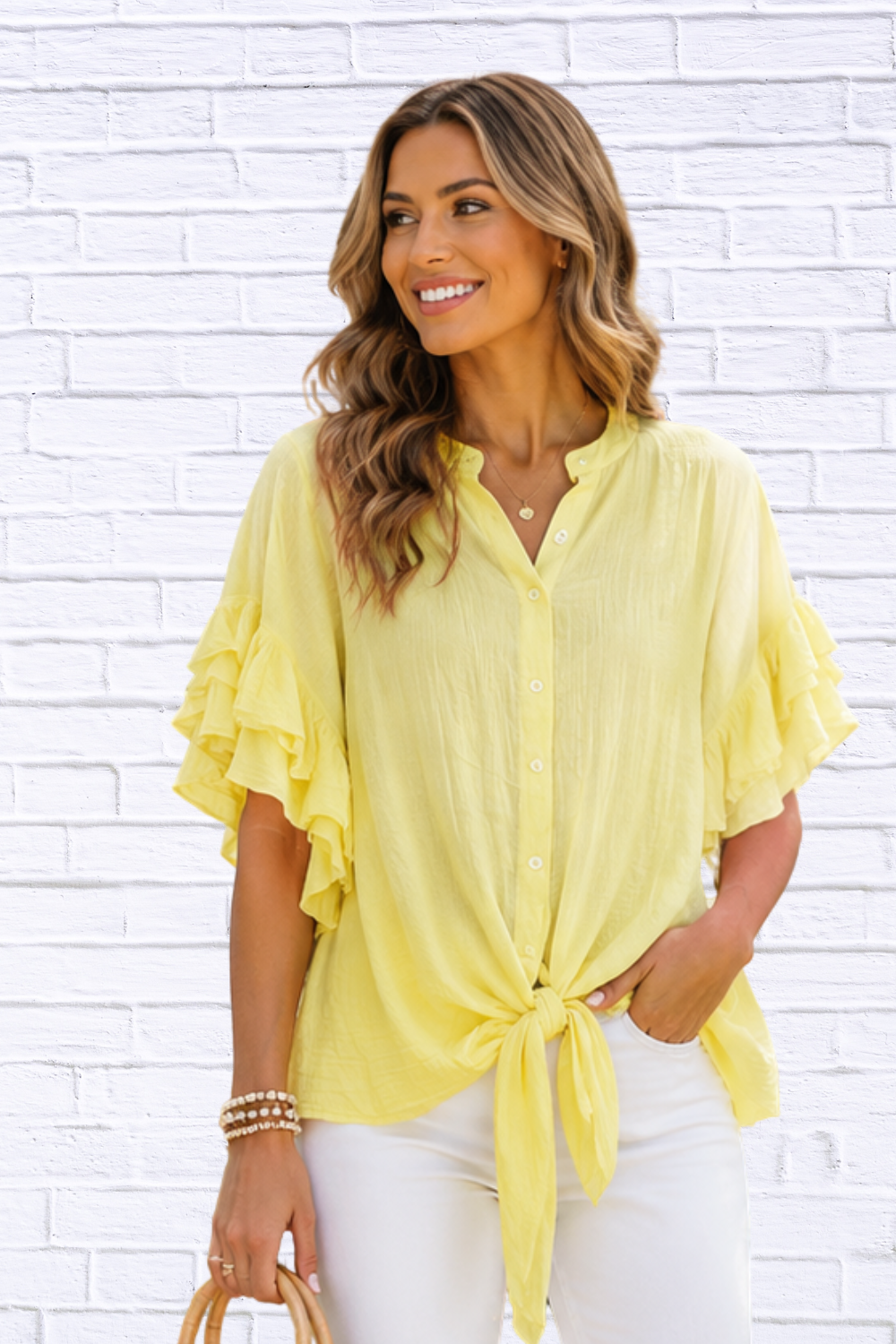 Pink Tie Front Ruffle Sleeve Blouse for Women | Feminine Boutique Spring Top