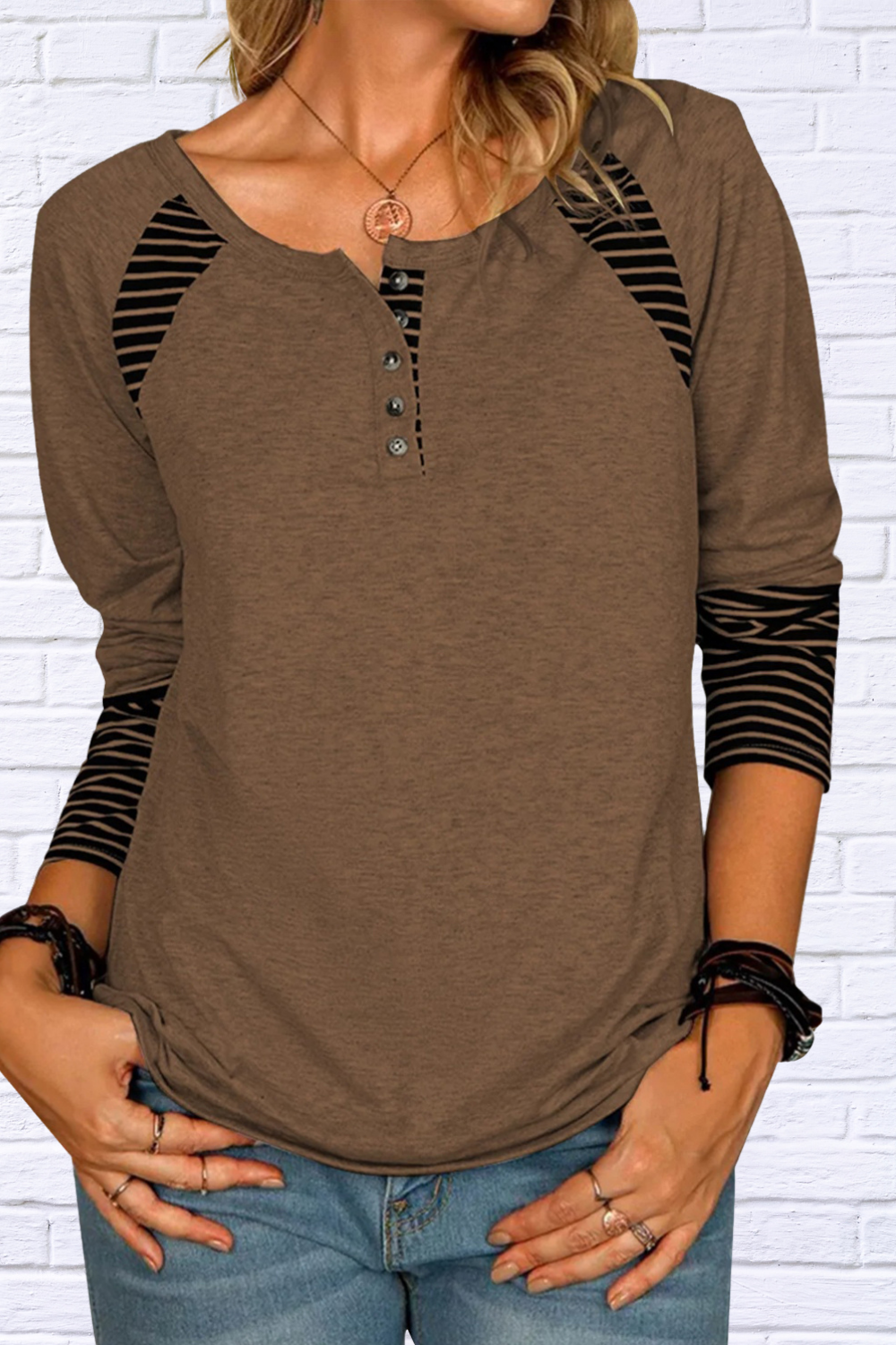 Full Size Striped Quarter Button Long Sleeve T-Shirt