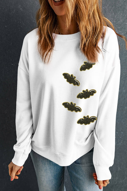 White Sequin Bat Pullover Drop Shoulder Halloween Sweatshirt
