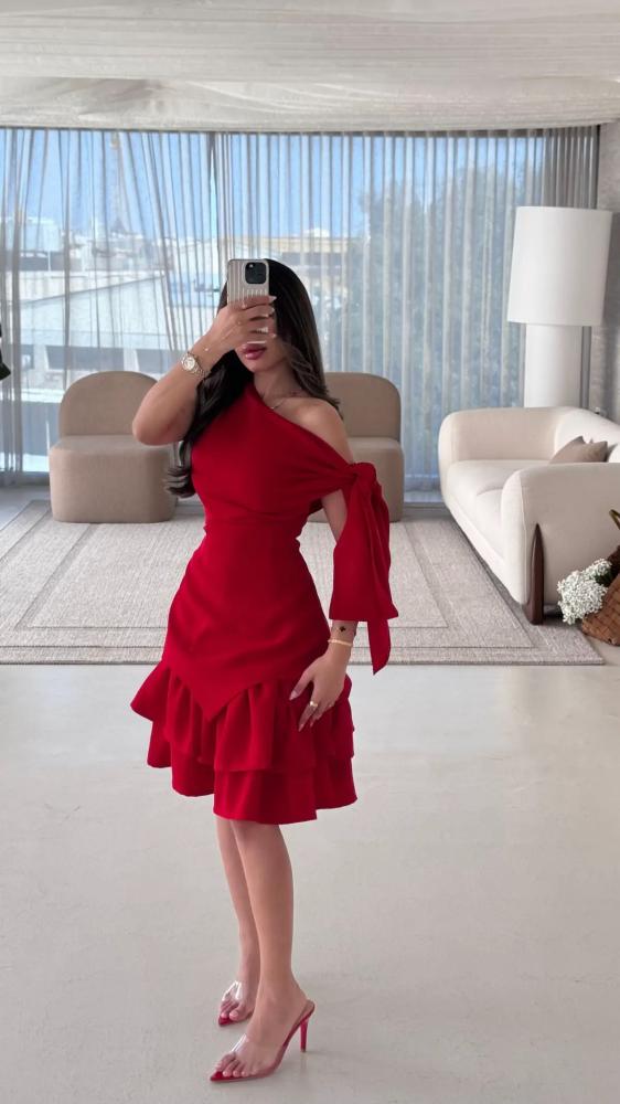 Asymmetrical Neck Bow Tie Cropped Waist Mini Dress