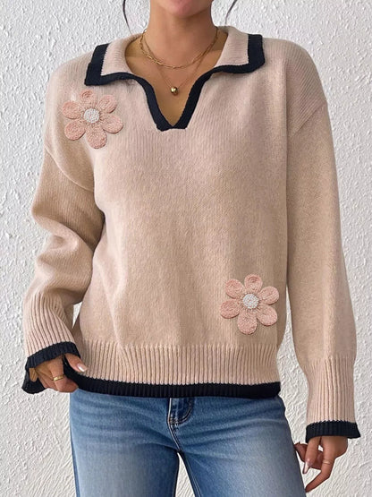 Flower Contrast Trim Dropped Shoulder Sweater