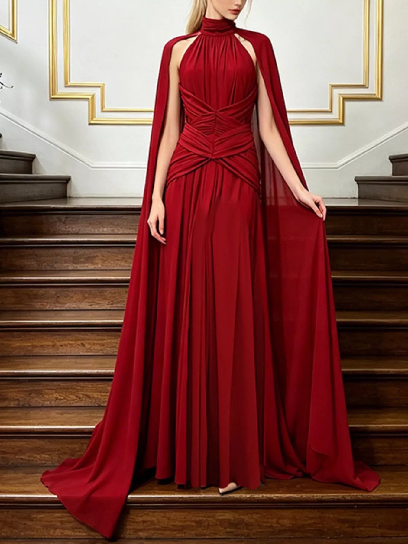 Anna's Ruched Halter Neck Cape Maxi Dress