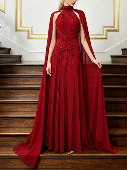 Anna's Ruched Halter Neck Cape Maxi Dress