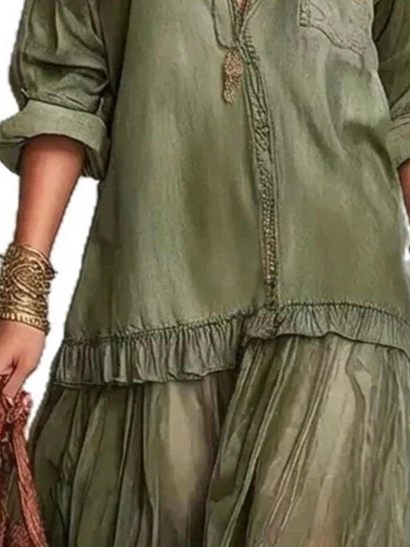 Full Size Tiered Long Sleeve Denim Shirt Maxi Dress Plus Size