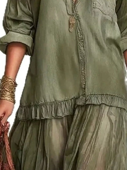 Full Size Tiered Long Sleeve Denim Shirt Maxi Dress Plus Size