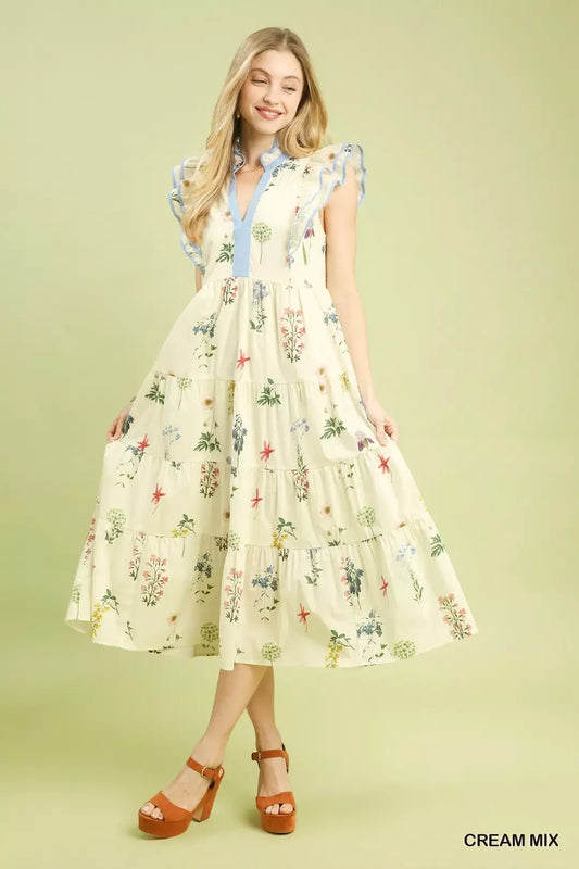 Umgee Mix Floral Tiered Ruffle Midi Dress