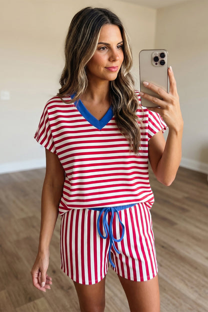 Yellow Stripe Colorblock Trim V Neck Tee Drawstring Elastic Waist Short Set