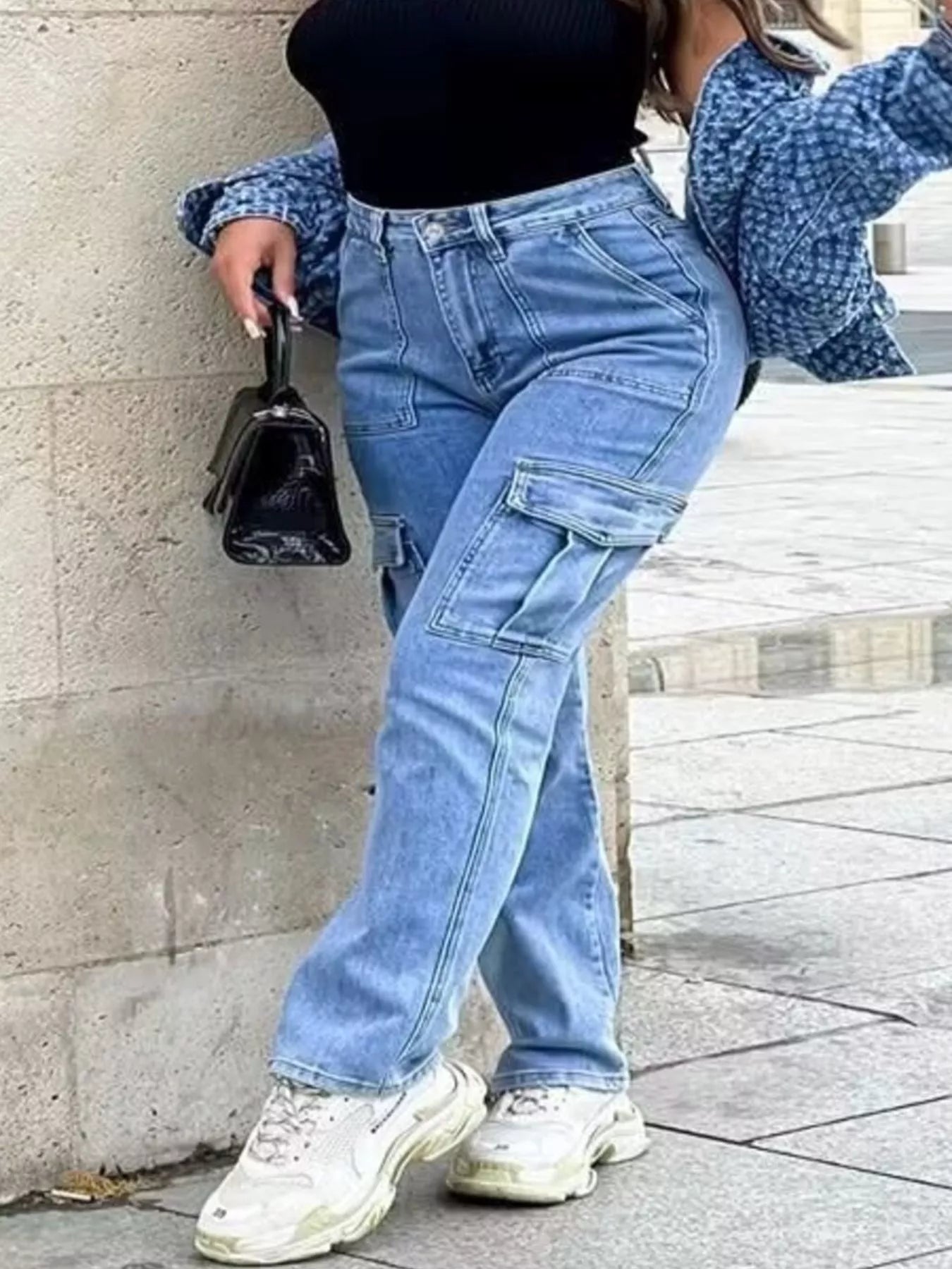 Full Size Light Wash Cargo Jeans with Multiple Pockets Plus Size